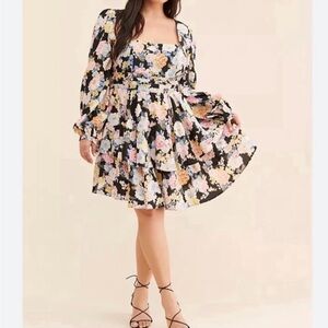 Yumi Kim Clarissa Square-Neck Tiered Mini Dress in Black with Pastel florals.M